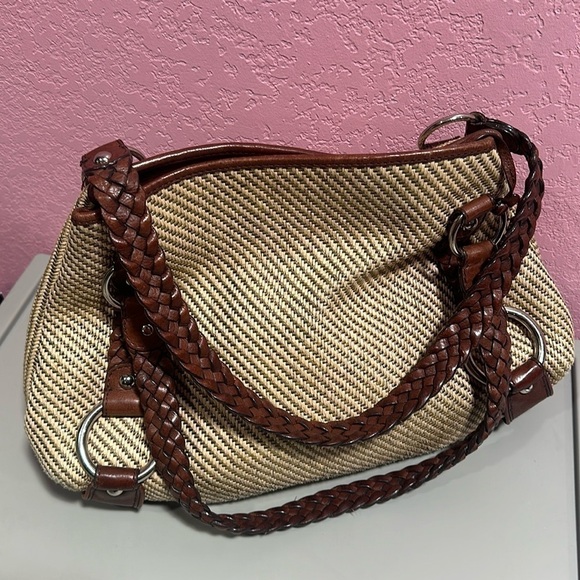 Banana Republic Handbags - BANANA REPUBLIC Brown Straw Leather Purse with Metal Rings